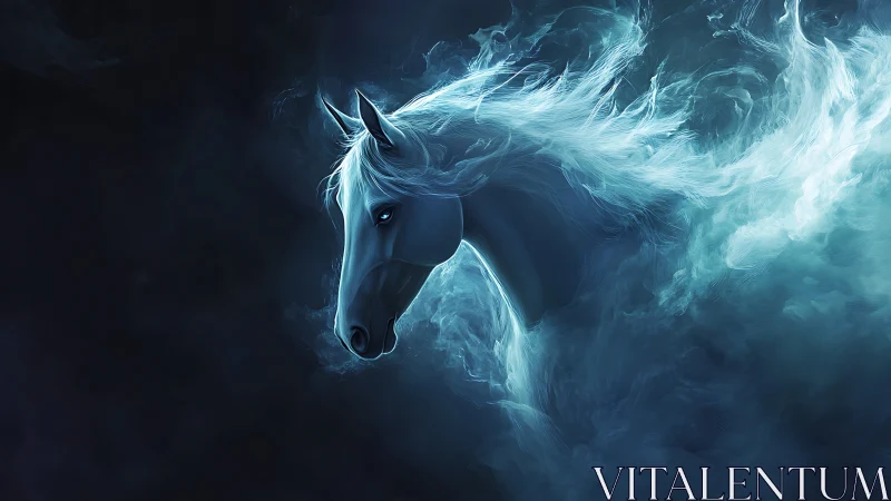 Mystical blue spirit horse emerging from swirling moonlit mist.