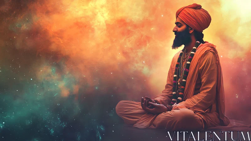 Meditating yogi sits in cosmic orange and teal nebula glow