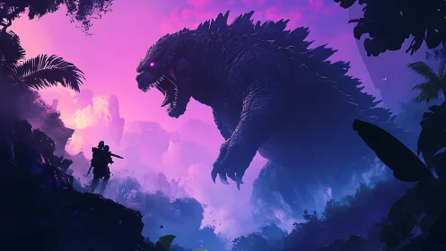 Neon jungle standoff with colossal roaring kaiju beast.
