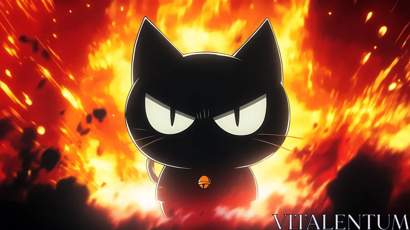 Explosive silhouette of a defiant black cartoon cat warrior.