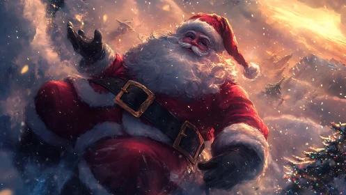Joyful Santa in a glowing winter wonderland sky scene.
