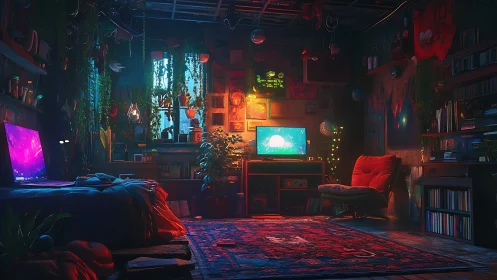 Neon-lit gaming studio with lush plants and ambient screens.