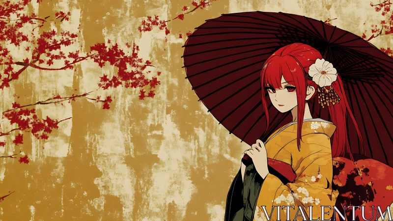 Red-haired kimono girl stands beneath a crimson parasol.