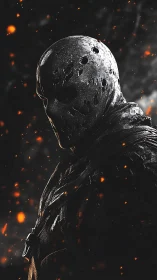 Armored masked figure in dark embers and heavy shadow.