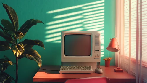 Retro desktop computer on wooden desk by window with blinds.