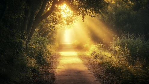 Sunlit Forest Path with Glowing Morning Light, Tranquil Nature Scene.