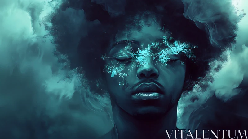 Surreal cyan portrait merges human visage with vaporous cosmos