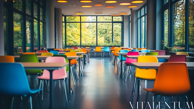 Colorful modern cafeteria with bright window views.