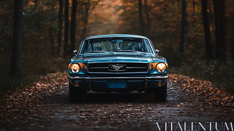 Classic blue Mustang glows on a quiet autumn forest road.