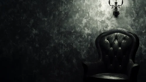 Dark leather armchair under single wall sconce light.