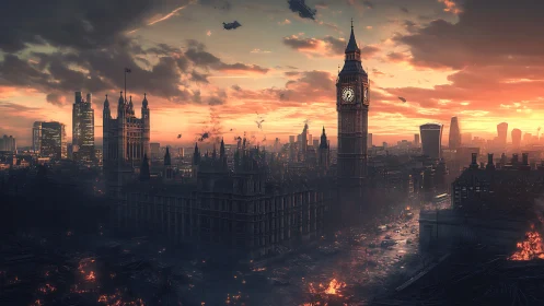 Clocktower smolders over dusk-lit post-apocalyptic cityscape.