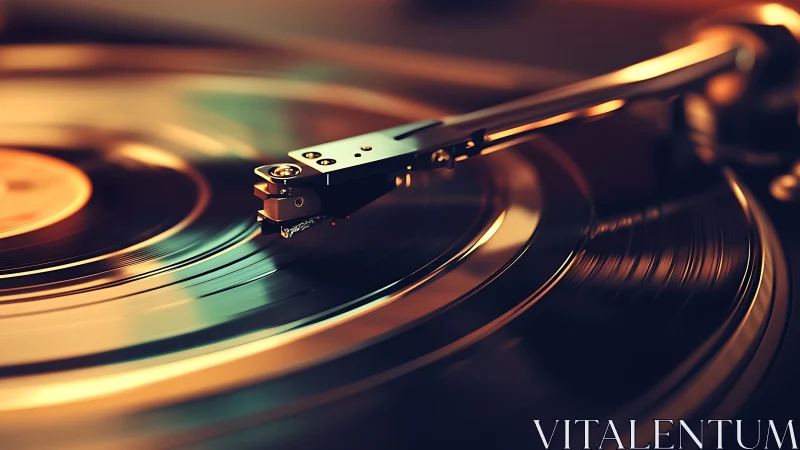 Cinematic close-up of vinyl turntable with stylus tracking groove.