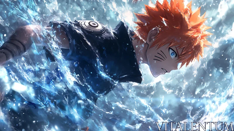 Orange haired anime fighter moving through blue water.
