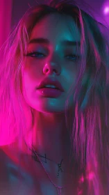 Neon-lit daydream girl in glowing pink and teal haze.