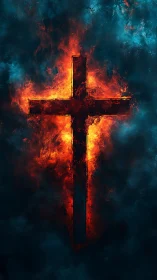 Burning cross silhouette amid dense blue smoke background.