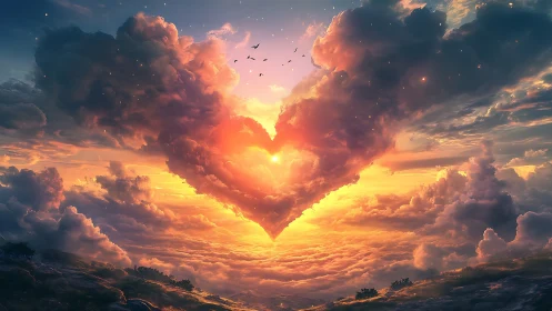 Luminous heart-shaped sun aperture celestial cloudscape composition.