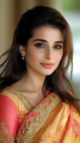 Portrait captures woman in embroidered golden silk saree.