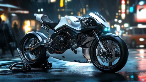 Cybernetic sport motorcycle on wet neon city street at night.