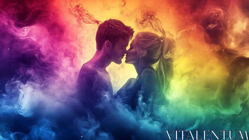 Silhouetted Romantic Couple in Dynamic Multicolor Volumetric Light Gradient