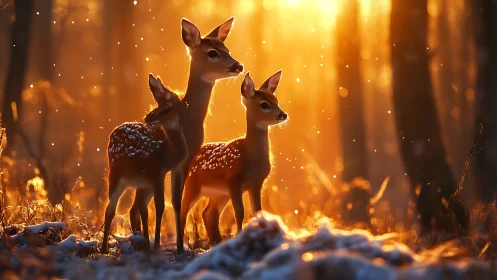 Three young deer standing in a snowy backlit forest at dawn.