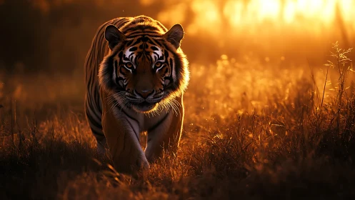 Tiger walks through tall grass under intense golden backlight