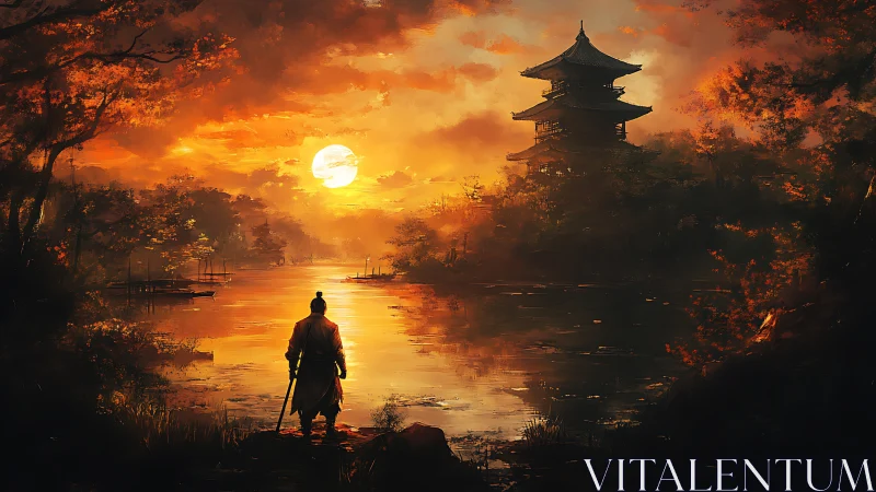 Samurai silhouette studies temple under molten sunset sky.