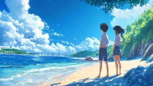 Summer shoreline daydream with two friends by the sea.