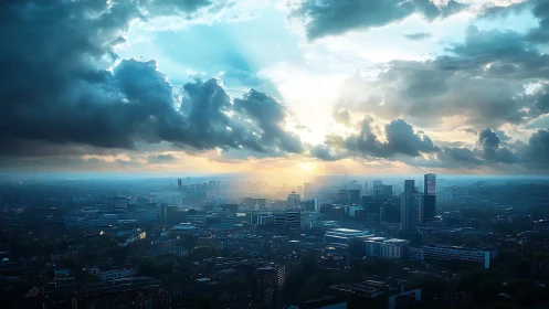 Stormy dawn light breaks over dense modern city skyline