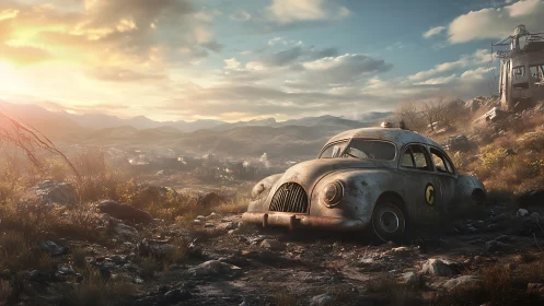 Rusting retro taxi decomposes in sunlit post-apocalyptic valley