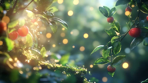 Red berries on dewy branches in glowing forest light.