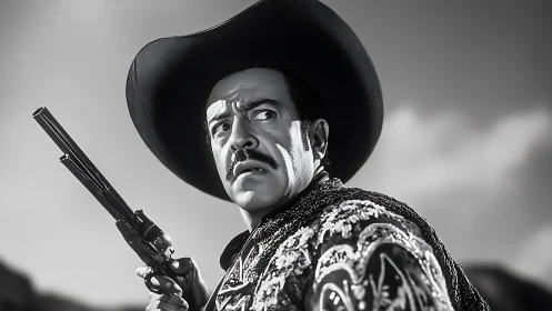 Vintage cowboy gunfighter in embroidered charro jacket.