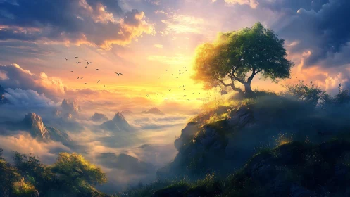 Lone sunlit tree above luminous cloud sea at sunrise.