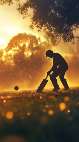 Cricket batter trains in warm rain under glowing sunset sky