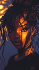 Digital portrait shows woman lit by strong warm sunset bands
