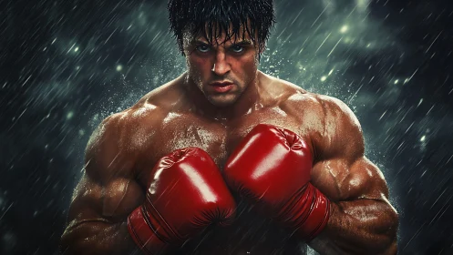Muscular Boxer in Red Gloves Positioned Against Dramatic Rainfall.
