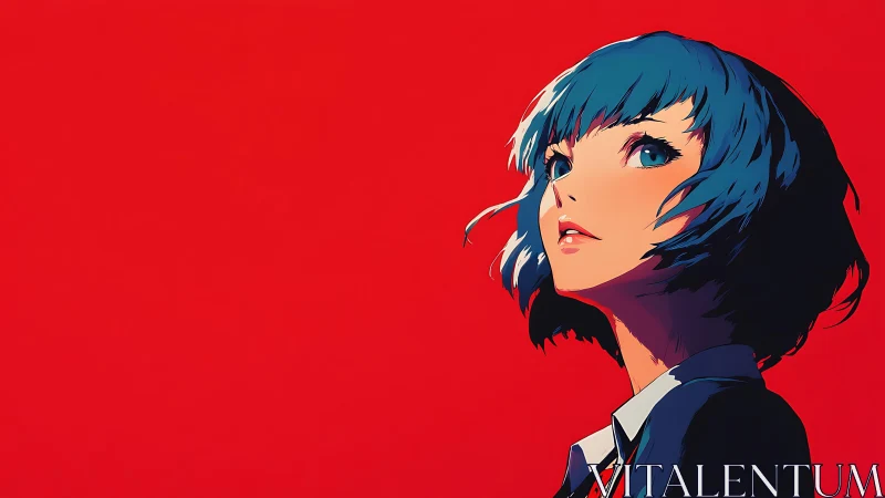 Side profile of blue haired anime girl on red ground.