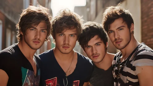 Four stylish young men pose closely in a sunlit alleyway.