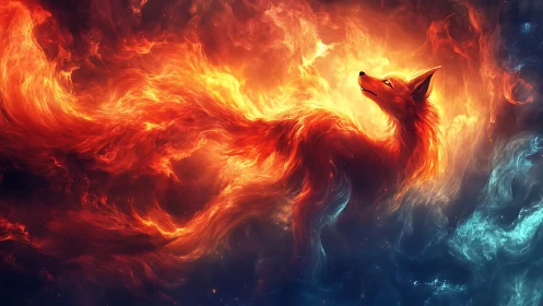 Fiery celestial fox emerging from swirling cosmic flames.