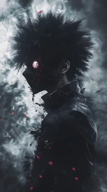 Side profile of masked figure with glowing eye in smoke