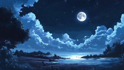 Moonlit shoreline dreamscape under velvet indigo clouds.
