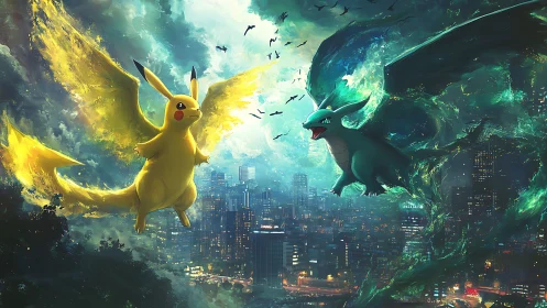 Soaring electric and dragon friends light up a stormy city sky