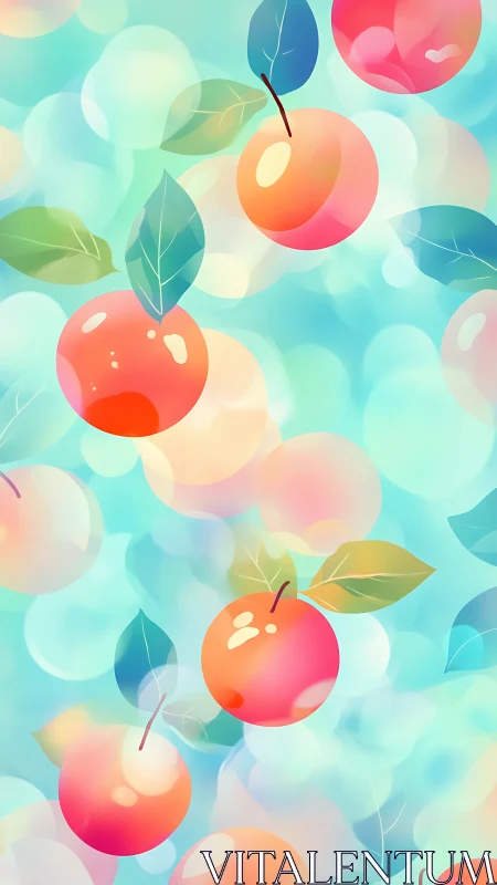 Vibrant gradient apples float against soft bokeh sky ground