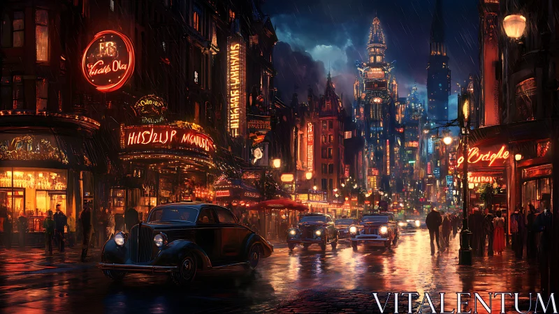 Noir metropolis boulevard under neon rainlit night sky.