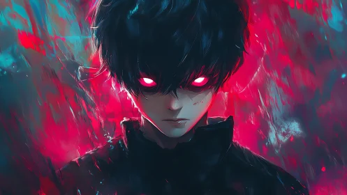 Malevolent anime figure radiates neon-lit crimson intensity