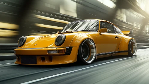 Widebody retro sports coupe rendered with dynamic motion blur