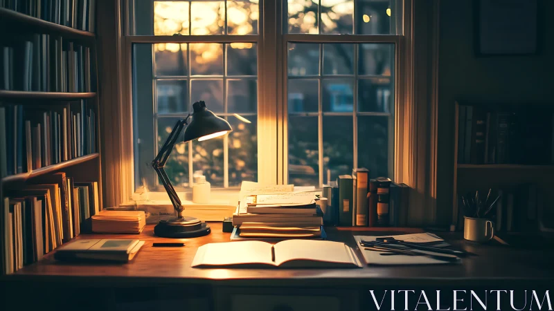 Luminous desk workspace under windowed sunset illumination.