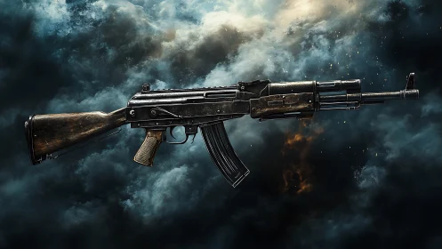 Weathered assault rifle isolated against stormy smoke backdrop.