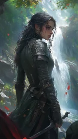 Warrior in forest armor studies a hidden waterfall trail.