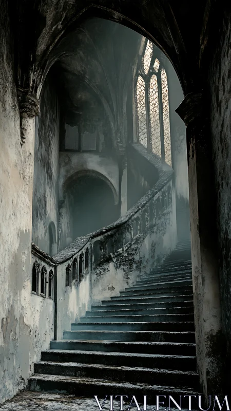 Stone staircase rises through decayed gothic interior space