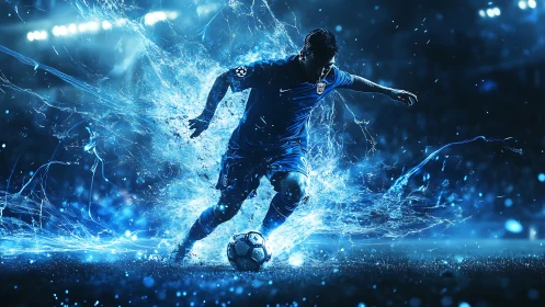 Dynamic blue-lit football striker rendered in kinetic digital art